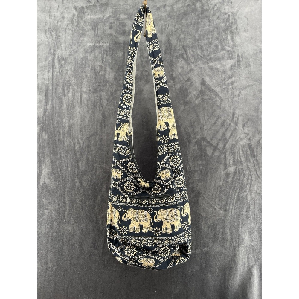 Boho Elephant Print Crossbody Sling Hobo Bag Cotton Black Beige Zip Pockets